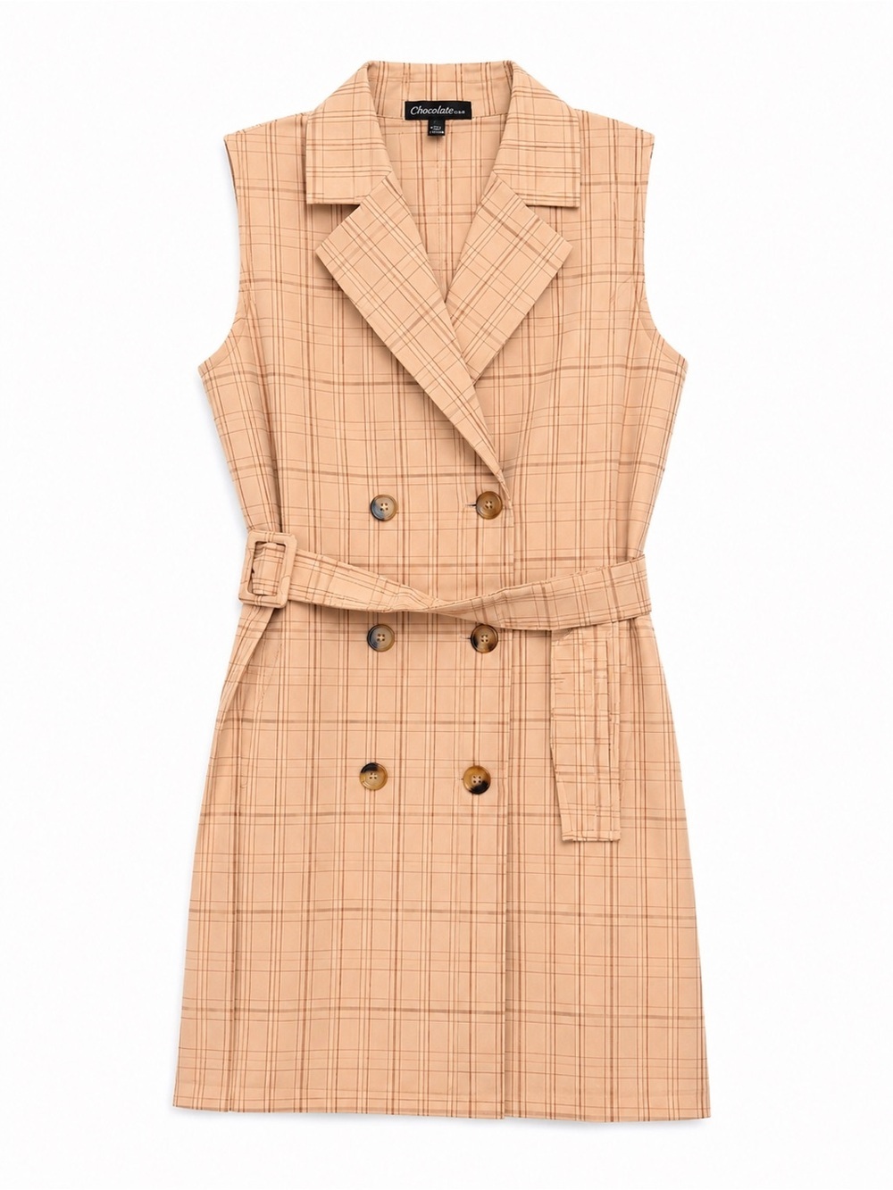 Chocolate brand Beige Plaid Sleeveless Belted Blazer Dress